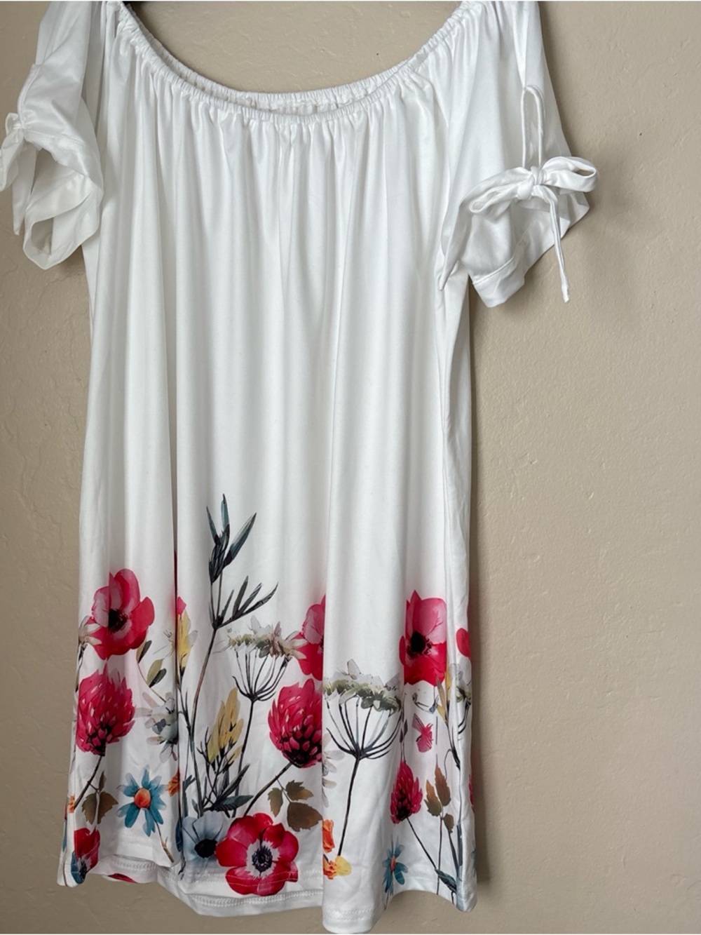 White Floral Off-Shoulder Dress with Pink & Red Blooms